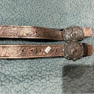 Brown Tooled Leather Belt with Silver Buckle